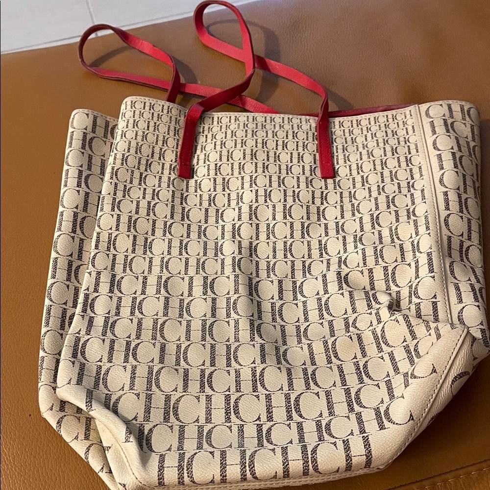 Carolina Herrera Beige Logo Tote with Red Straps
